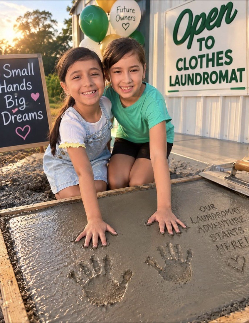 Children pressing their handprints into wet concrete at the construction site