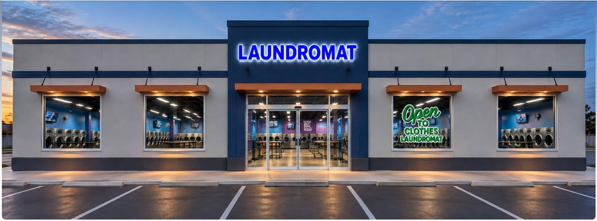 Evening view of the Open to Clothes Laundromat storefront: a light gray building with a navy entrance tower, glowing windows, and the logo on the front glass