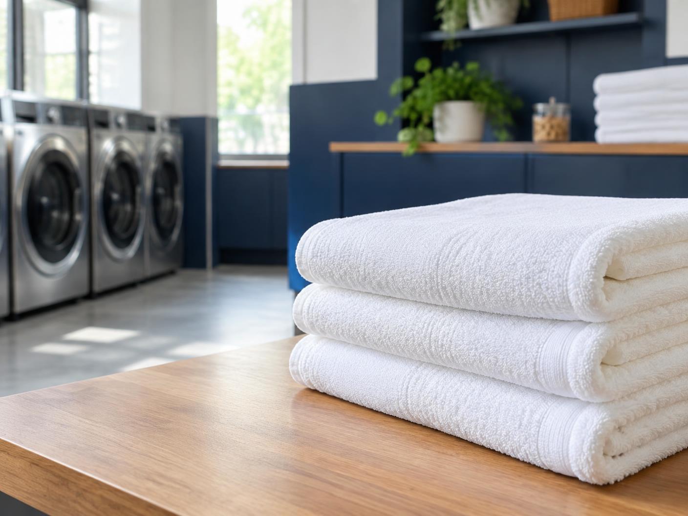 Neatly folded white towels stacked on wood