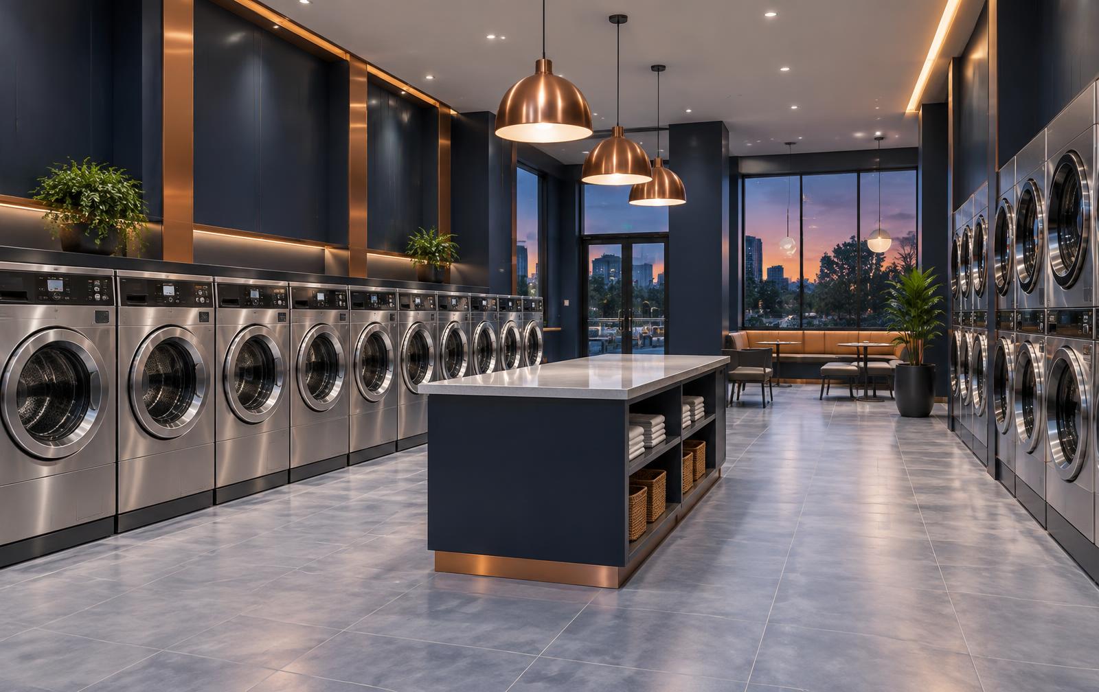 Bright laundromat interior with folding space