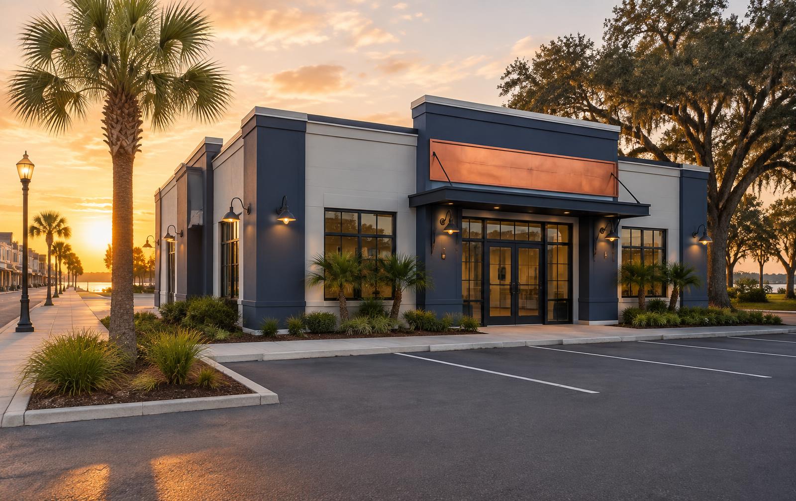 Exterior of a modern light-gray laundromat building